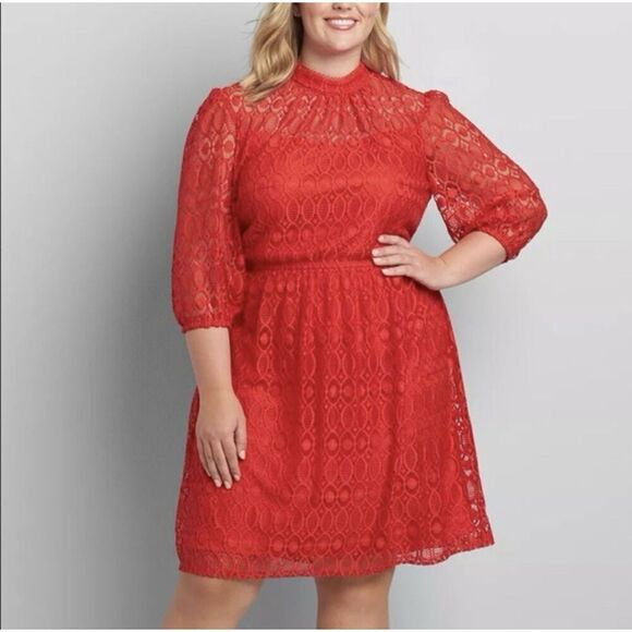 Lane Bryant Plus Size 16 MIDI FIT&FLARE MOCK NECK  RED EMBROIDERY LACE  Dress - Picture 1 of 5